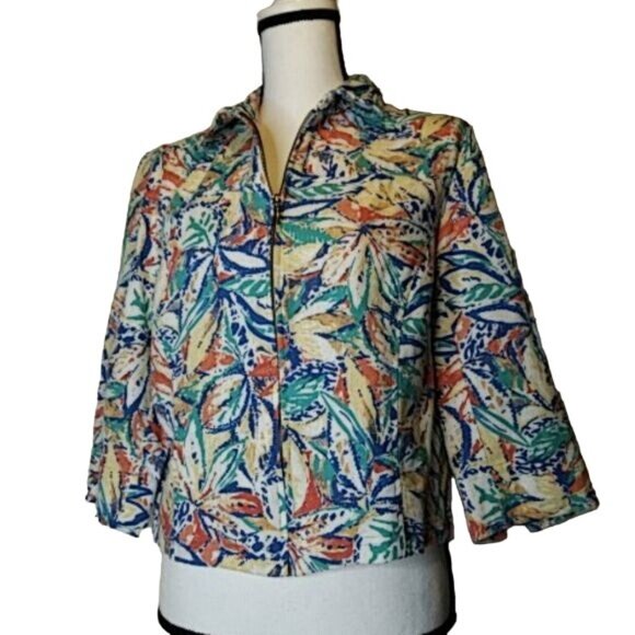 Cold Water Creek Linen Jacket Blazer 3/4 Sleeves Zipper Front Leaf Motif… - Picture 1 of 4